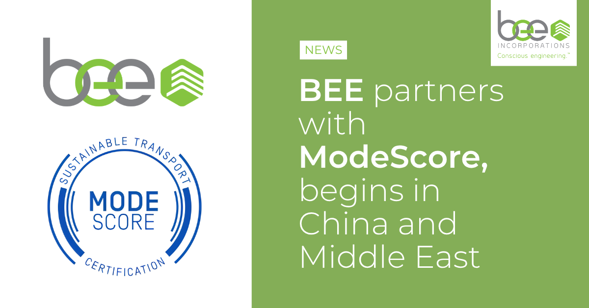 BEE Incorporations and ModeScore logos with the ModeScore sustainable transport certification badge on a green news banner